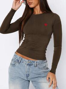 INAWLY Women's Heart Print Round Neck Long Sleeve Cropped Fitted T-Shirt - Brown - View 4