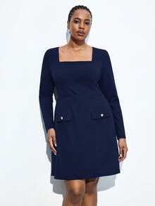 Maija Plus Size Women's Solid Color Square Collar Vintage Elegant Long Sleeve Dress, Suitable For Urban Commute, Business, Casual, Christmas, New Year Party Navy Blue Plus Size Dress Square Neck Dress Long Sleeve Dress Plus Dress With Pockets Curve Blazer Dress Plus Size - Navy Blue - View 4