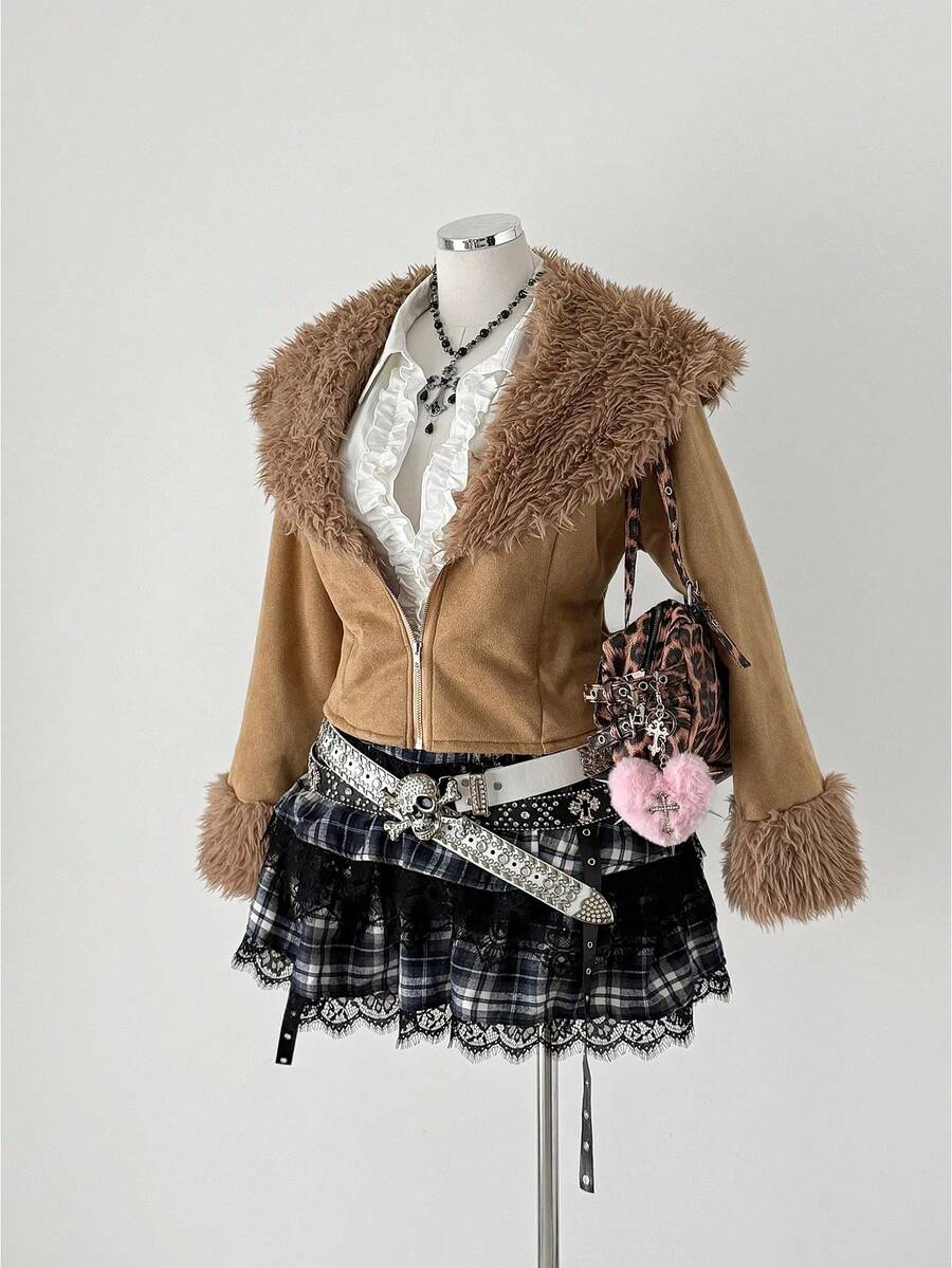Sunspun Women's Pink Faux Fur Suede Jacket, Autumn/Winter - Brown - View 1