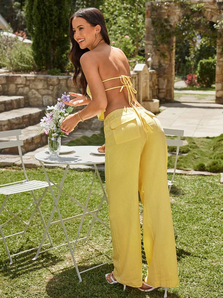 KARISMINA 2 件套女士夏季黄色纯色编织露肩露背短款上衣和高腰阔腿裤波西米亚风套装女士套装两件套女士外出度假夏装女士沙滩度假装两件套，可爱夏季套装，欧洲夏季 - 芥末黃 - 查看 1