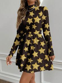 Shutterstock Glamance 金色星星亮片水钻装饰休闲简约女式迷你连衣裙，适合秋冬季节，收腰设计 - 彩色 - 查看 3