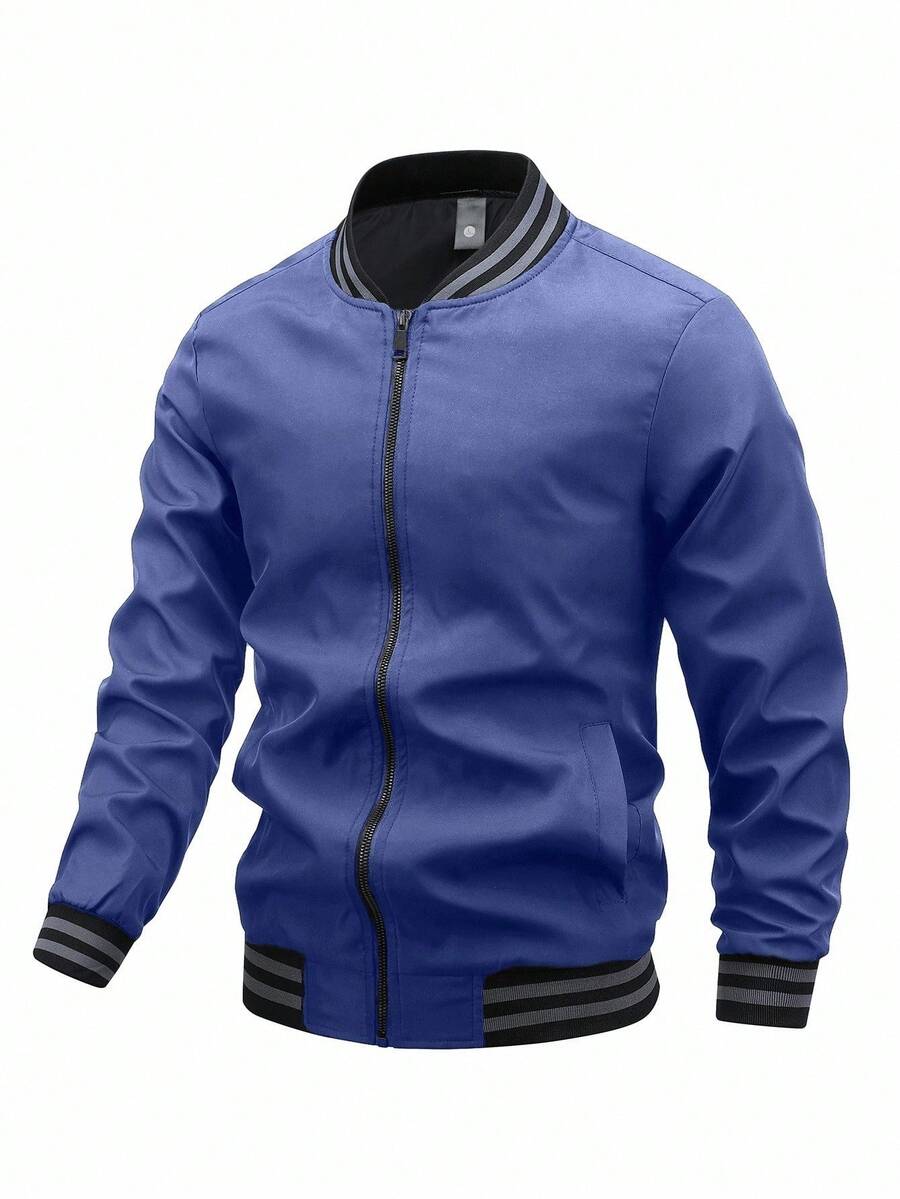 Manfinity Homme Chaqueta de manga larga con cremallera y ribete a rayas de corte holgado para hombre - Azul - Ver 1