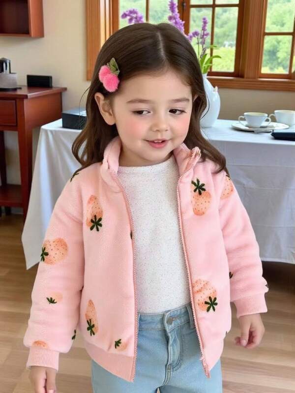 Cardigan cu fermoar, drăguț și pufos, pentru fete tinere, cu imprimeu de căpșuni, potrivit pentru ținute casual de zi cu zi, primăvară, toamnă, iarnă, vacanță, sezonul școlar