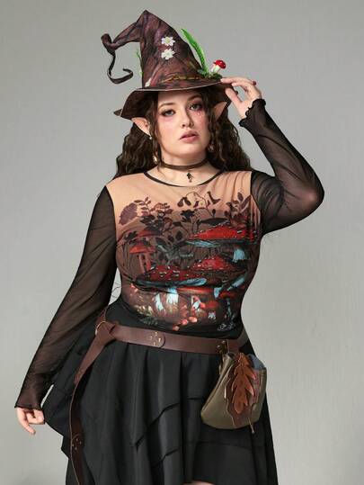 Fairycore Blusa de talla grande para mujer con diseño de parches de color y malla, estilo vintage con motivos de hongos