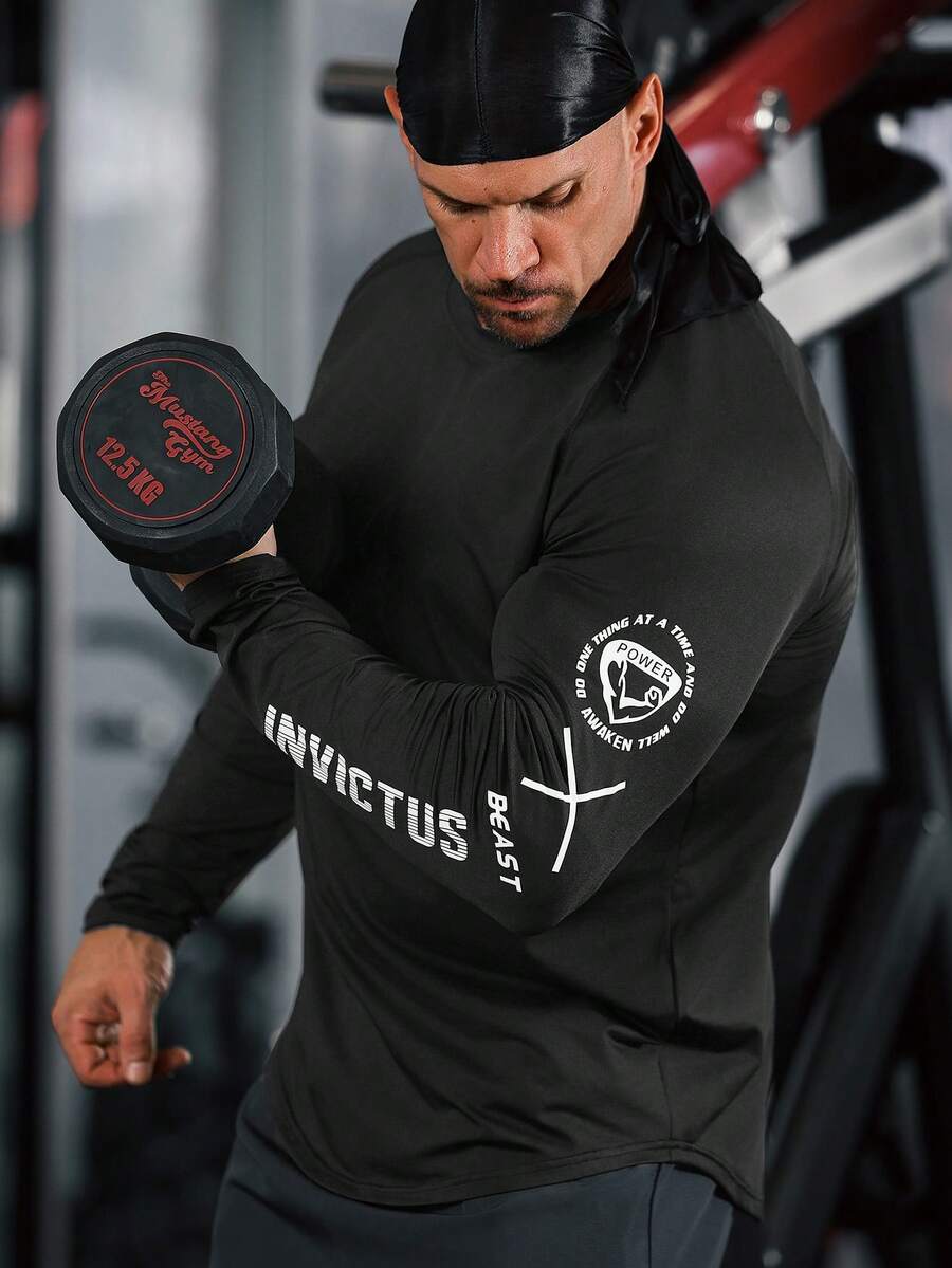 GymBeat Men's Letter Print Long Sleeve Casual Sports T-Shirt Compression Long Sleeve - Dark Grey - View 1