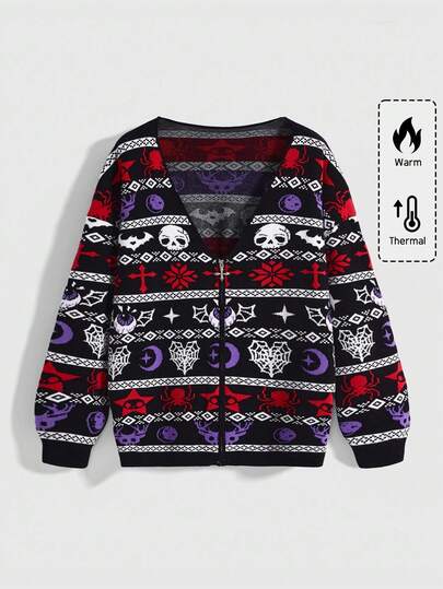 Goth Cardigan da donna taglie forti stile gotico, con motivi di demoni, mostri natalizi, teschi, pipistrelli, stelle e lune, ragni, adatto per Natale/Ognissanti. Maglione da donna taglie forti. Cardigan da donna taglie forti stile gotico, colori viola e nero, adatto per l'autunno/inverno. Cardigan natalizio da donna taglie forti.