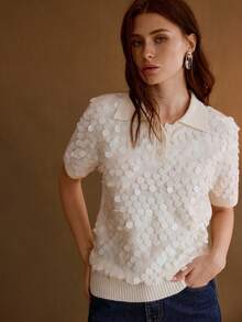 MOTF PREMIUM SEQUIN COLLAR SHORT SLEEVE KNIT TOP - Apricot - View 3