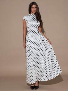 SHEIN BAE Đầm xòe cổ đứng họa tiết chấm bi thanh lịch dành cho nữ - trắng - Xem 4