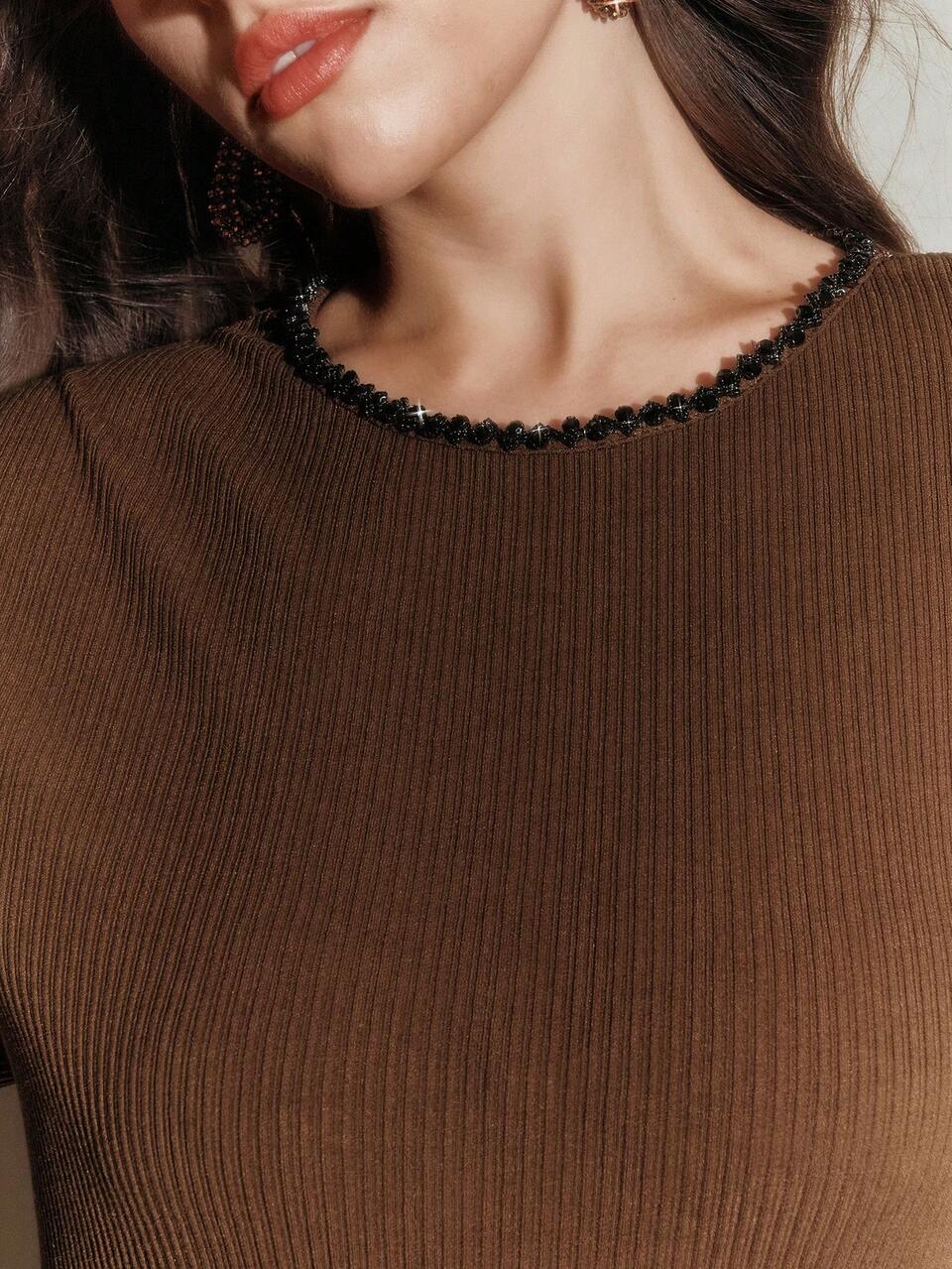 Plus Size Women's Elegant Brown Halloween Chain Decor Long Sleeve T-Shirt,Autumn Dinner Chic Stylish Formal Work Thanksgiving Christmas Festival Tops