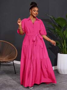 SHEIN CURVE+ Váy maxi xếp ly chữ A tay ngắn màu trơn cỡ lớn 2025 dành cho nữ, dáng rộng, kỳ nghỉ Hoho - Màu Hồng Tươi - Xem 3