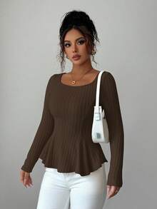Selianne Casual Ribbed Crew Neck Long Sleeve Backless Bow Tie Blouse - Brown - View 3