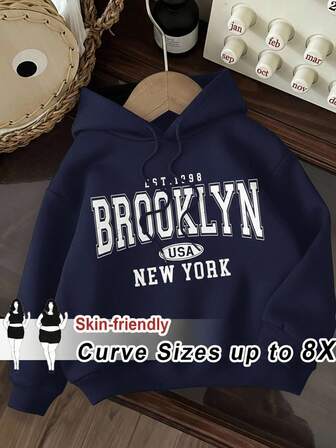 SHEIN CURVE+ 休闲简约纽约布鲁克林图案连帽衫，宽松长袖运动衫，秋冬女士