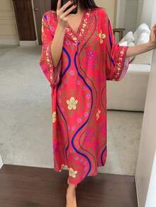 DAZY Floral Print V-Neck Loose Women Nightgown, Moo Moo Night Dress - Red - View 3