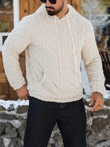 Manfinity CasualCool 男士图案连帽羊羔绒卫衣，适合秋冬季节，蓬松柔软，奶油色毛绒连帽衫，冬季针织衫，奶油色连帽衫，保暖内衬 - 杏色 - 查看 5