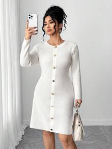 Elenzga Gaun Sweater Rajut Lengan Panjang Ukuran Besar dengan Gesper Logam yang Modis, Elegan, dan Serbaguna, untuk Musim Dingin - Aprikot - View 1