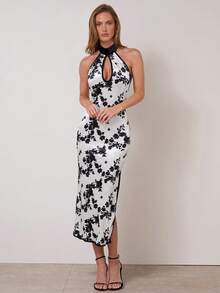 COSMINA Women's Elegant Sexy Floral Print Backless Halter Dress,Velvet Halter Neck Dress Floral Print Midi Dress, Hollow Out Dress, New Year Dress,Dinner Party, Formal Occasion - Black and White - View 3