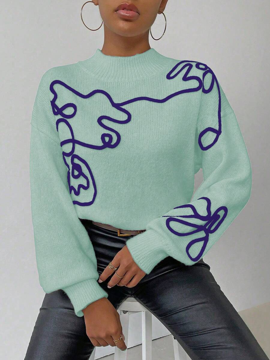 SHEIN LUNE 女士休闲 3D 图案毛衣,秋冬 - 薄荷綠 - 查看 1