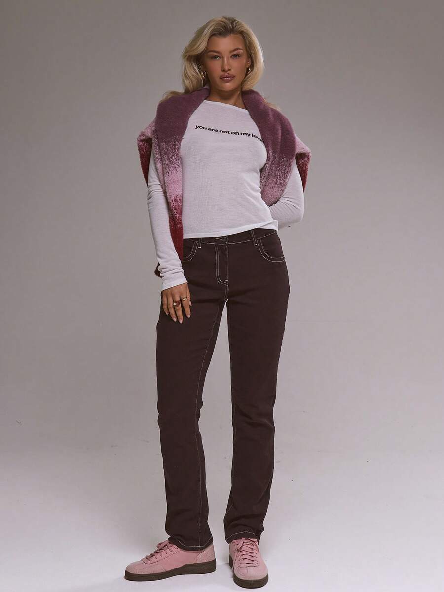 MUSERA Contrast Stitch Skinny Bootcut Denim Jeans Winter Cute Casual Cosy Cherry Lacquer Spring Summer - Maroon - View 1