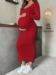 SHEIN Pregnant Women's Solid Color Knitted Ribbed V-Neck Sweater Dress - Red - View 1