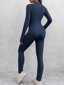 SHEIN PETITE Women's Casual Navy Blue Long Sleeve Unitard With Stand Collar Zipper Details Cropped Length - Navy Blue - View 2