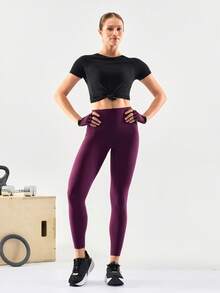 GLOWMODE 24'' CoreHold FeatherFit™-Sculpt CoreHold No Slip Fit Boning Tummy Control No Front Seam Leggings With Side Pockets Medium Impact Workout Jogging Gym Training  Spring Summer - Bold Plum - View 9