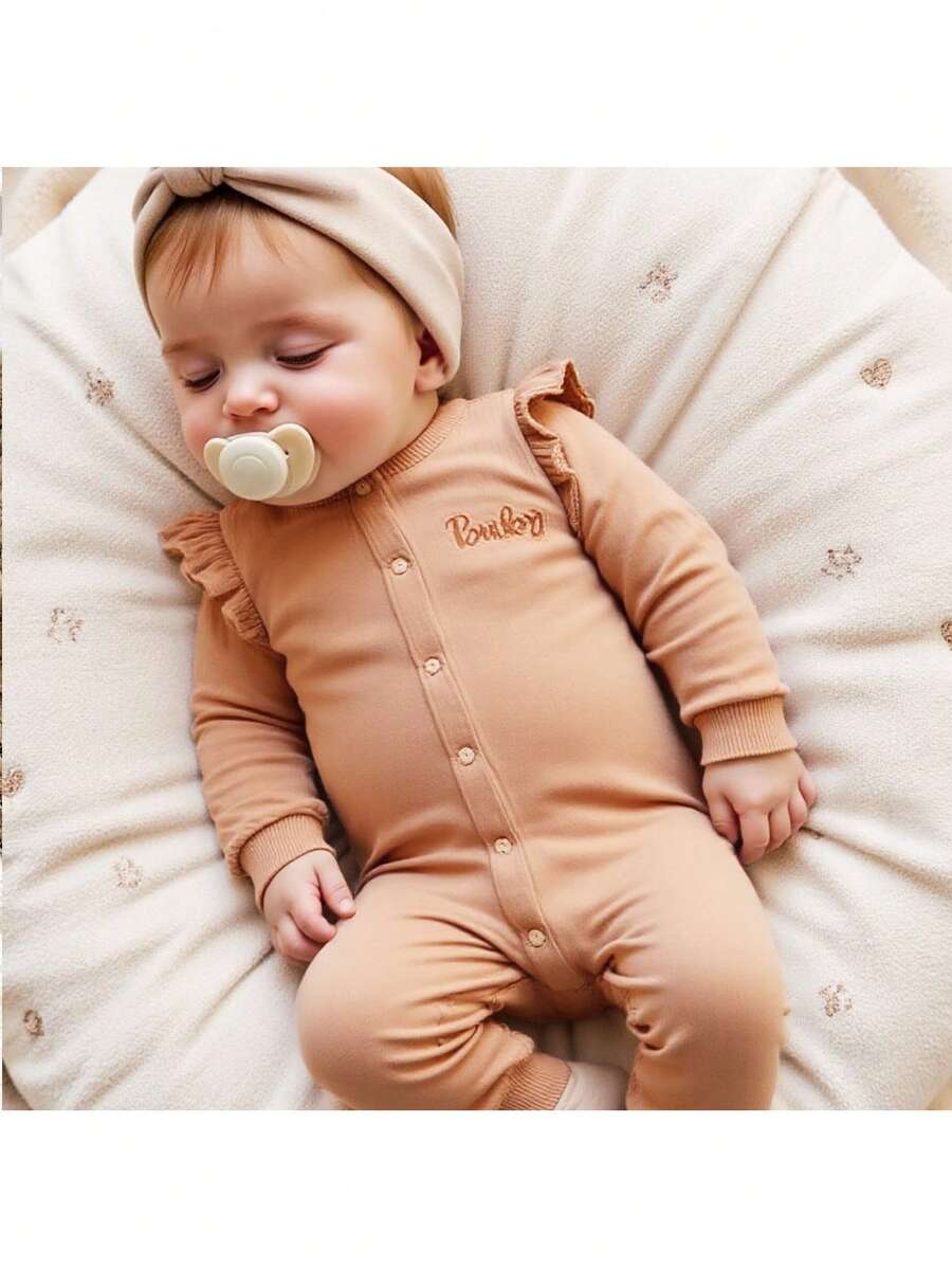 Loomiva 新生女宝宝卡通熊图案针织柔软圆领荷叶边长袖连体衣