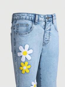 SHEIN Streecool Kids Celana Jeans Anak Perempuan Model Flare Biru Retro Pinggang Tinggi, Motif Bunga Biru Muda, Lucu, Musim Panas, Kembali ke Sekolah, Celana Denim Slim Fit Elastis dengan Desain Ujung Berumbai - Medium Wash - View 7