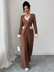 SHEIN Elenzya Women's Elegant Brown Contrast Color Casual/Office/Formal Suit Set, Autumn - Brown - View 6