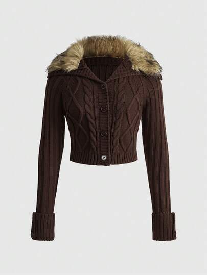 Grunge Punk Vintage Brown Fuzzy Patchwork Cropped Cardigan For Women