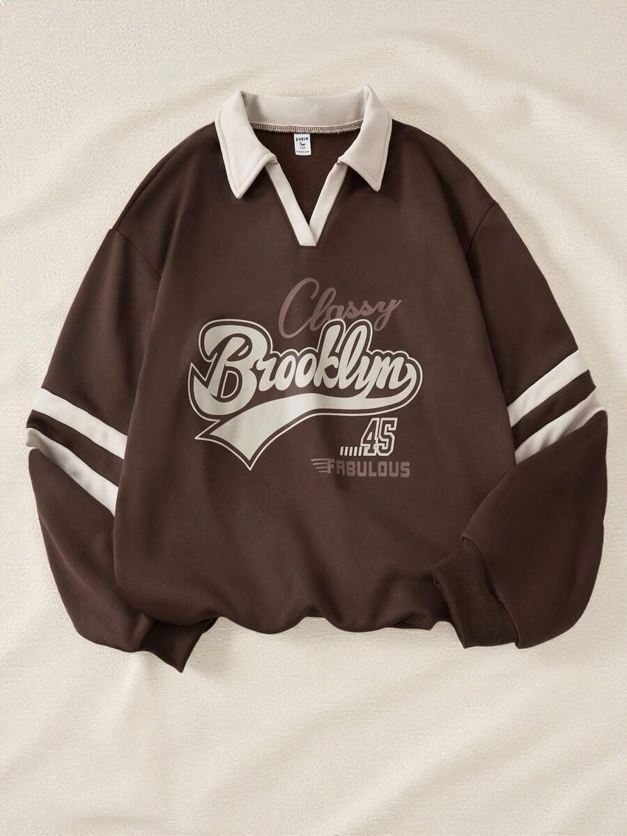 SHEIN 少女休闲拉链运动衫，简约时尚，适合日常穿着、度假穿着、夏季穿着、旅行穿着 - 摩卡棕 - 查看 1