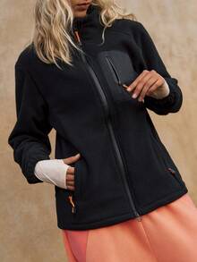 Medorelle Jachetă din fleece cu fermoar contrastant și manșete elastice pentru toamnă/iarnă - Negru - Vizualizare 4
