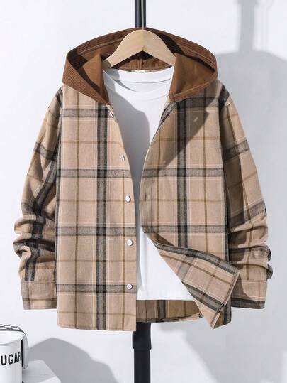 SHEIN 青少年男孩休闲格子拼色梭织纽扣衬衫