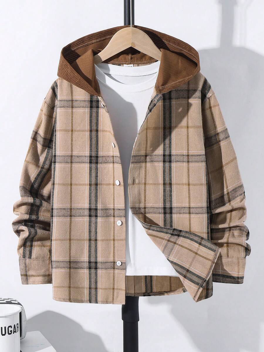 SHEIN 青少年男孩休闲格子拼色梭织纽扣衬衫 - 黑色 - 查看 1