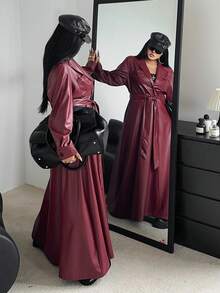 Flirla Plus Size Lapel Belt A-Line Pocket Long Sleeve PU Windbreaker - Burgundy - View 2