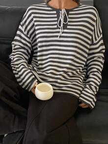 DAZY Suéter holgado de punto casual con cordón y mangas largas con rayas de contraste para mujer, otoño/invierno - Gris - Ver 5