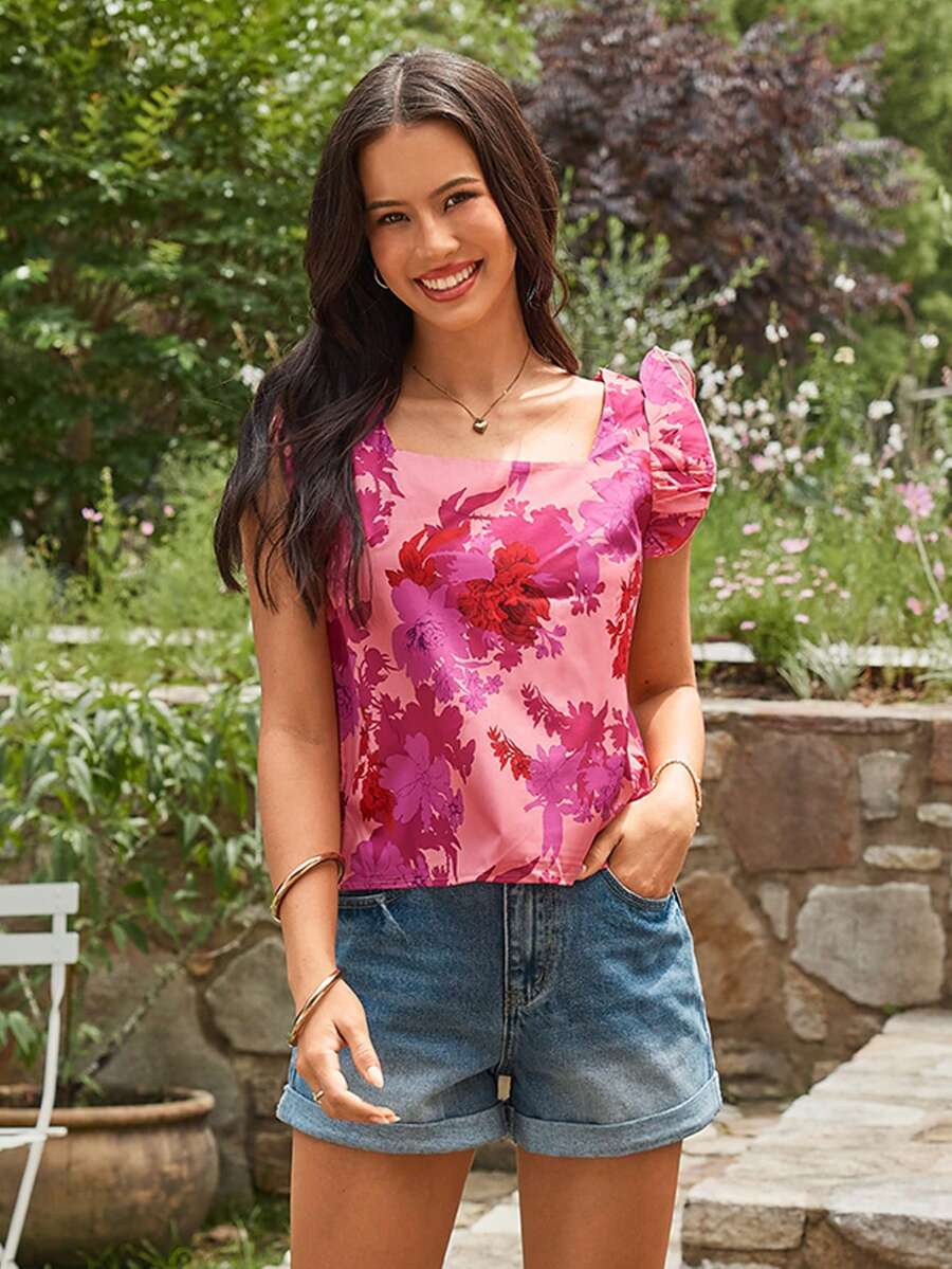 KARISMINA Vacation Floral Print Square Collar Small Flying Sleeve Women's Summer Shirt - Multicolor - View 1