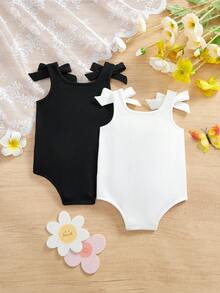 2件套可爱夏季针织纯色蝴蝶结连体衣，适合女婴 - 黑與白 - 查看 2