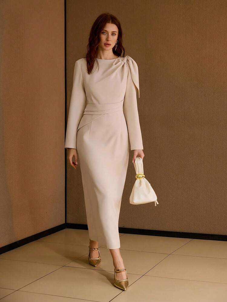 WOMEN'S SOLID COLOR WAIST CINCHED LONG SLEEVE DRESS, ELEGANT