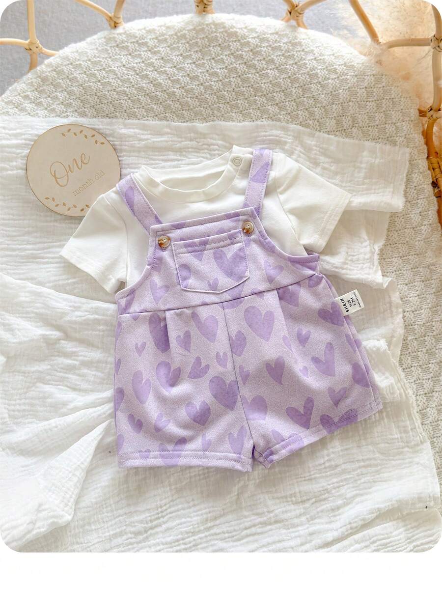 SHEIN Newborn Baby Girls Cute Versatile Pink Heart Romper Jumpsuit, Summer - Multicolor - View 1