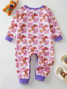 SCOOBY-DOO X SHEIN Bộ đồ liền thân dệt kim dài tay cổ tròn in họa tiết chú chó con hoạt hình dễ thương cho bé gái, dâu tây, bánh kem, kẻ sọc - Hồng - Xem 2