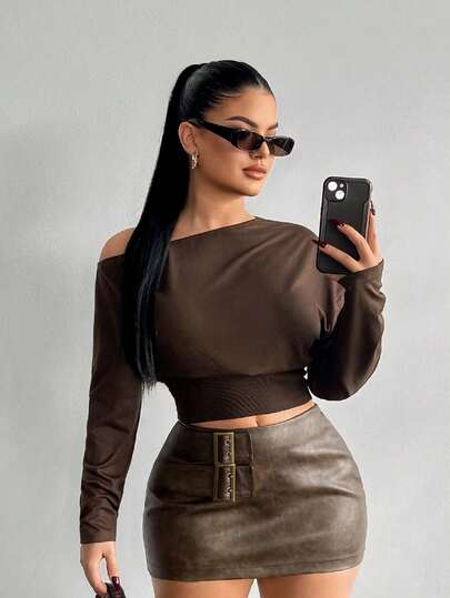 SHEIN SXY Women's Solid Color Minimalist Daily Wear One-Shoulder Top, Leather Mini Skirt Set,Brown , Brown 2 Piece Set, Coffee Brown Top, Dark Brown Top, Brown Crop Top, Chocolate Brown Top,Brown ,Going Out ,Casual