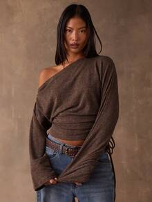 SHEIN BAE Women's Oblique Shoulder Long Sleeve Cropped Casual T-Shirt, Fashionable & Versatile - Coffee Brown - View 1