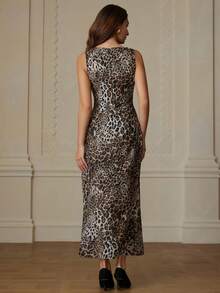 GENKIRA Vestido elegante y único de mujer con cuello redondo, sin mangas, con estampado de leopardo con rhinestones y lentejuelas, para otoño/invierno - Multicolor - Ver 2