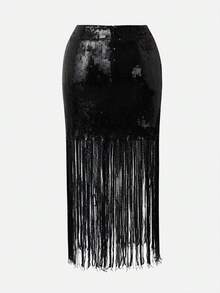 Glisette Women's Fashionable Party Sequin Tassel Hem Mini Skirt - Black - View 4
