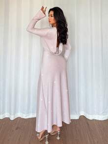 Chiquease Women's Party Dress, Sexy Backless Strappy Long-Sleeved Dress, Long Dress With Silver Thread Fabric, Christmas Party Dress. - Baby Pink - View 4
