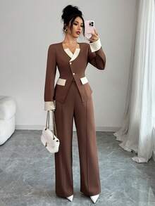 SHEIN Elenzya Women's Elegant Brown Contrast Color Casual/Office/Formal Suit Set, Autumn - Brown - View 3