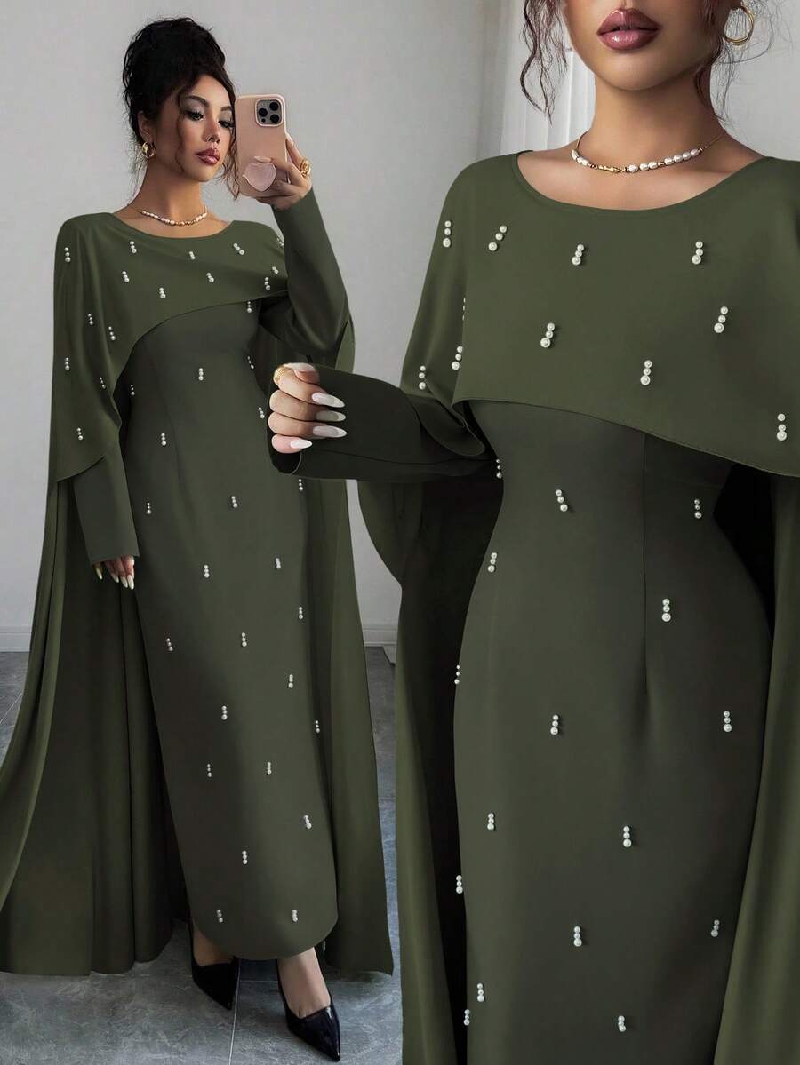 Elenzga 女士优雅长款绿色军装连衣裙，新年礼服，感恩节服装，优雅派对礼服，长款派对礼服，婚礼宾客礼服，时尚婚礼晚礼服，闪亮连衣裙 - 軍綠色 - 查看 1