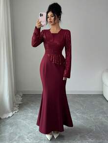SHEIN Raffinéa 女士优雅高贵的酒红色亮片拼接鱼尾下摆修身连衣裙，适合晚宴、庆典和节日场合。 - 酒紅色 - 查看 4
