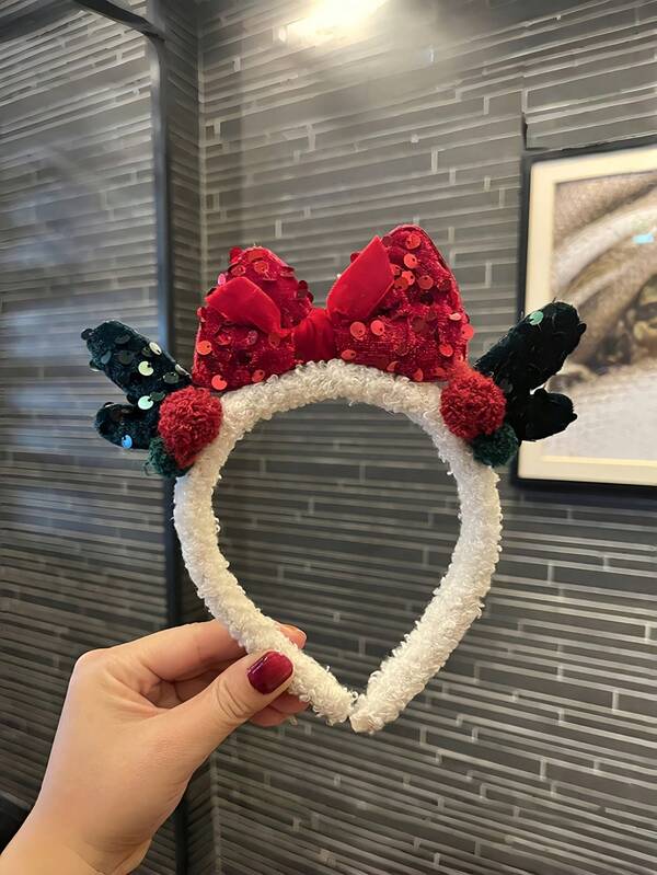 Joivida Festive Christmas Headband With Red Sequin Bow And Black Sequin Antlers Fluffy White Design Cute Party Hair Accessory For Women Girls Unique Holiday Style Headband Fashionable Christmas Hair Decor
