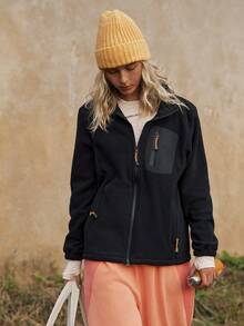 Medorelle Jachetă din fleece cu fermoar contrastant și manșete elastice pentru toamnă/iarnă - Negru - Vizualizare 5